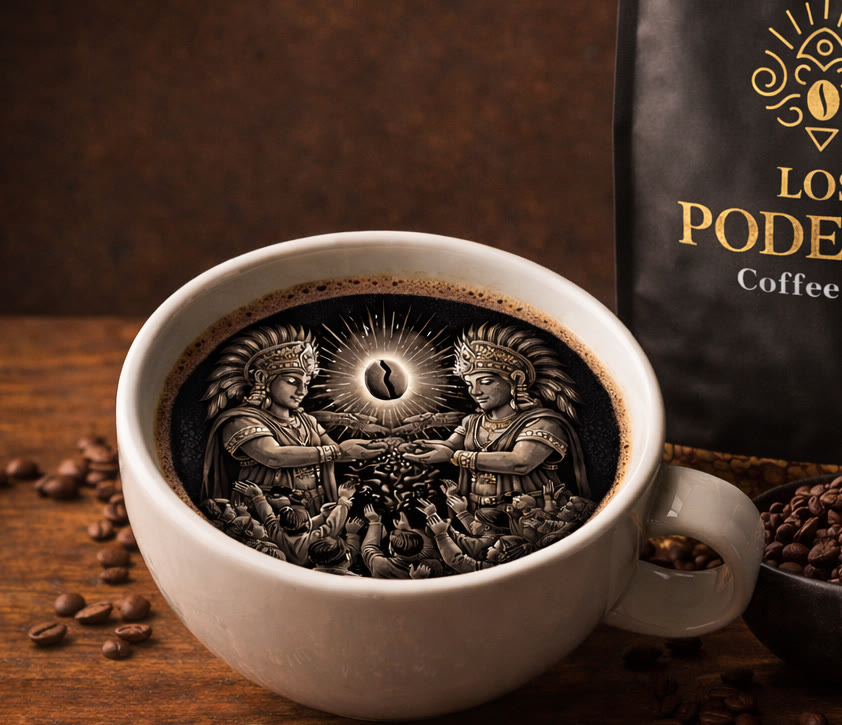 A cup of Los Poderes House Blend with an engraved illustration of two figures offering coffee beneath a glowing bean.